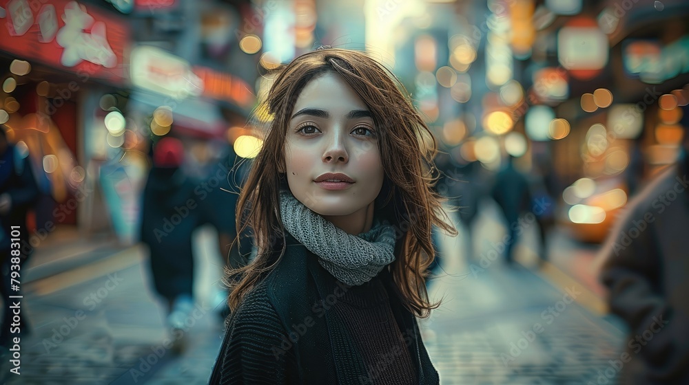 A woman stands on the bustling street, everyone in a hurry, only this woman has a peaceful time. Generative AI. A woman stands on the bustling street, everyone in a hurry, only this woman has a peaceful time. Generative AI.
