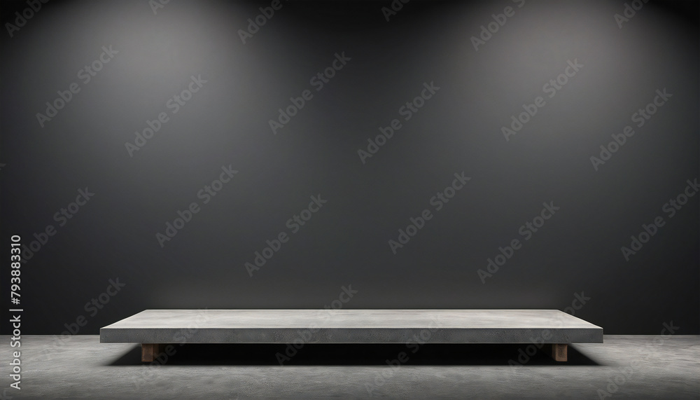 Empty podium or pedestal display on light on black background with rectangular stand concept. Blank product shelf standing backdrop. 3D rendering.