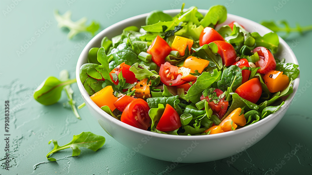 A fresh mixed vegetables salad is presented in a Bagassa white bowl, set against a green background. The salad includes a vibrant assortment of vegetables such as lettuce, tomatoes, cucumbers, pepper