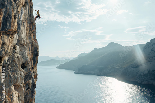A man is climbing a rock face with a view of a body of water below