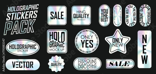 Holographic stickers. Hologram labels of different shapes. Sticker shapes for design mockups. Holographic textured stickers for preview tags, labels. Vector illustration