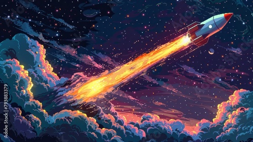 An 8-bit pixel art representation of a pixelated rocket ship blasting off into space, leaving a pixelated trail behind