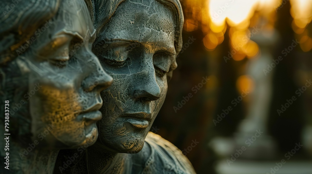 Statues, timeless and poetic, capturing moments frozen in time, whispering tales of legends in the tranquil sculptural oasis, Extreme close-up shot