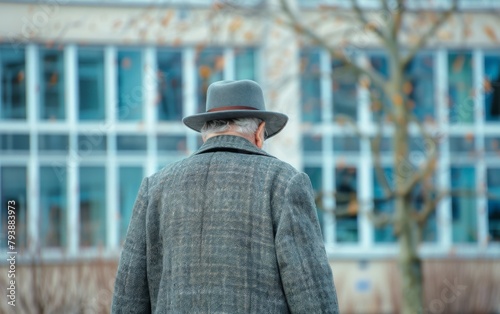 A man wearing a gray hat and coat stands in front of a building. The man is looking up at something, possibly a tree. The scene has a somewhat melancholic mood, as the man seems to be lost in thought