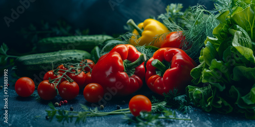 Vibrant and colorful vegetables showcased against a dark background in this captivating photograph. Each vegetable's natural hues and textures stand out, creating a visually striking composition 