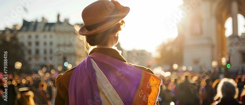Suffragette, Suffragist Sash, Symbol of Womens Rights, Rallying in Trafalgar Square, Sunny Day, Photography, Golden Hour, Depth of Field Bokeh Effect, Rear view photo