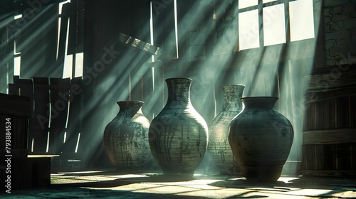 Unique Vase, gracefully designed, undergoing the glazing process in a rustic kiln room 3D rendered image, featuring dramatic backlights casting beautiful silhouettes of the pottery, High-angle view photo