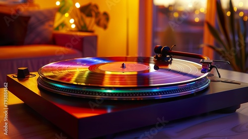 Vintage Vinyl Record, with grooves reflecting colorful lights, spinning on a turntable in a chic retro living room Photography, Golden hour, Panoramic view