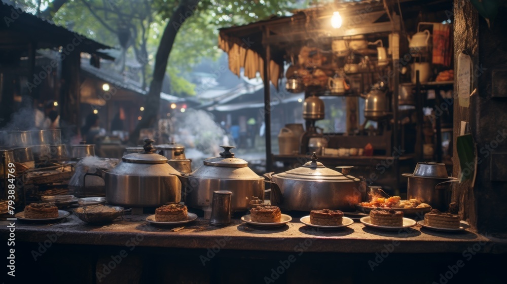 A wooden table adorned with an array of pots and pans filled with an assortment of delicious, freshly cooked food