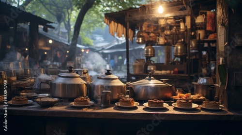 A wooden table adorned with an array of pots and pans filled with an assortment of delicious, freshly cooked food