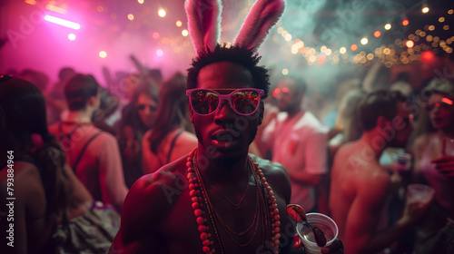 At a lively festival, a man stands out in the crowd with whimsical bunny ears and trendy sunglasses, bringing his own unique style to the vibrant party atmosphere.