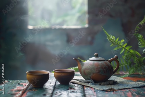 Yixing Teapot with Cups on a Table