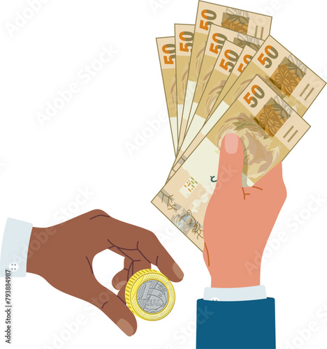Uma imagem em close capturando o momento em que uma mão segura notas de reais brasileiros. O foco está nas cores vibrantes e nos desenhos intrincados da moeda, simbolizando a rica cultura e economia