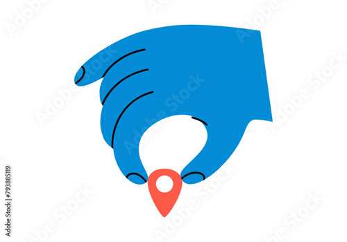 Hand drawn cute illustration hand with location pin or navigation mark. Flat vector arm holding landmark for map sticker in doodle style. Gps pointer icon. Delivery service. Strategy choice. Isolated