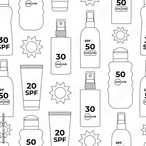 Linear SPF bottles and tubes seamless pattern. Sun screen and UV radiation protection. Skincare. Vacation. Outline logo, contour. Coloring page. Background, backdrop, digital paper.