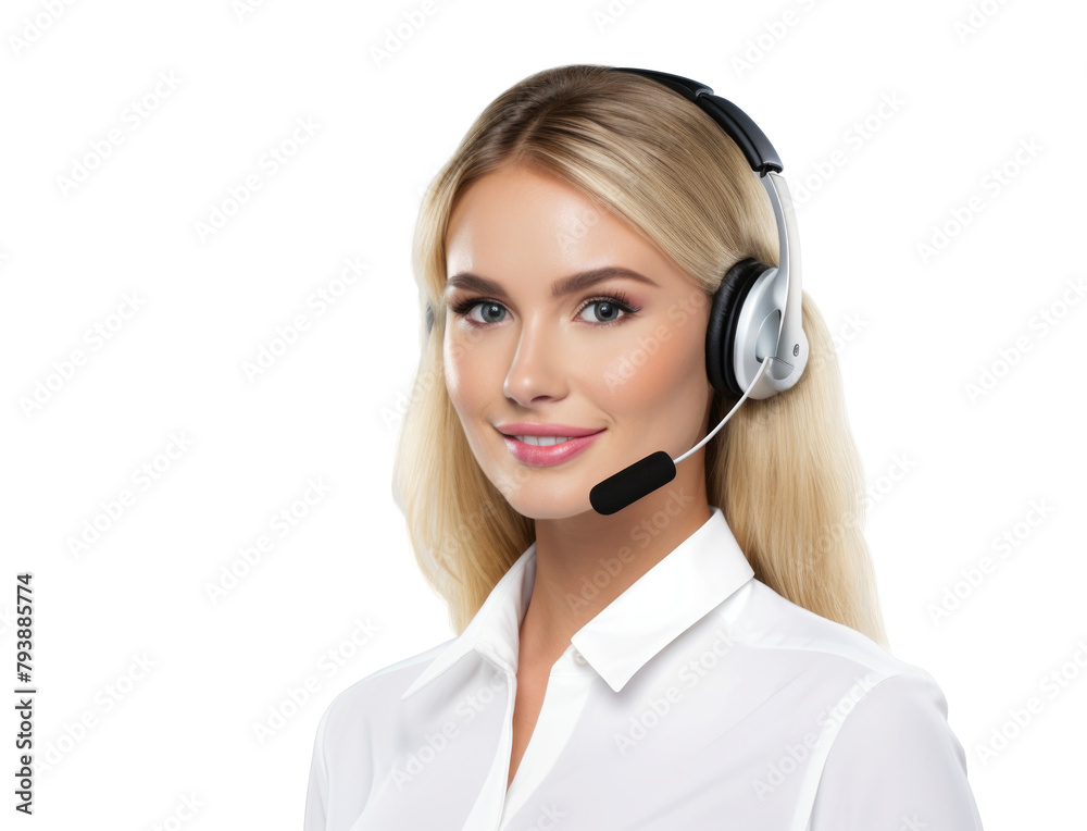 Portrait of beautiful woman call center operator isolated on white background, Woman with headphones looking at camera and smiling Portrait of beautiful woman call center operator isolated on white background, Woman with headphones looking at camera and smiling