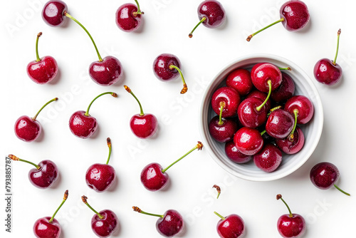 Set of ripe red cherries in a bowl cut out on white background