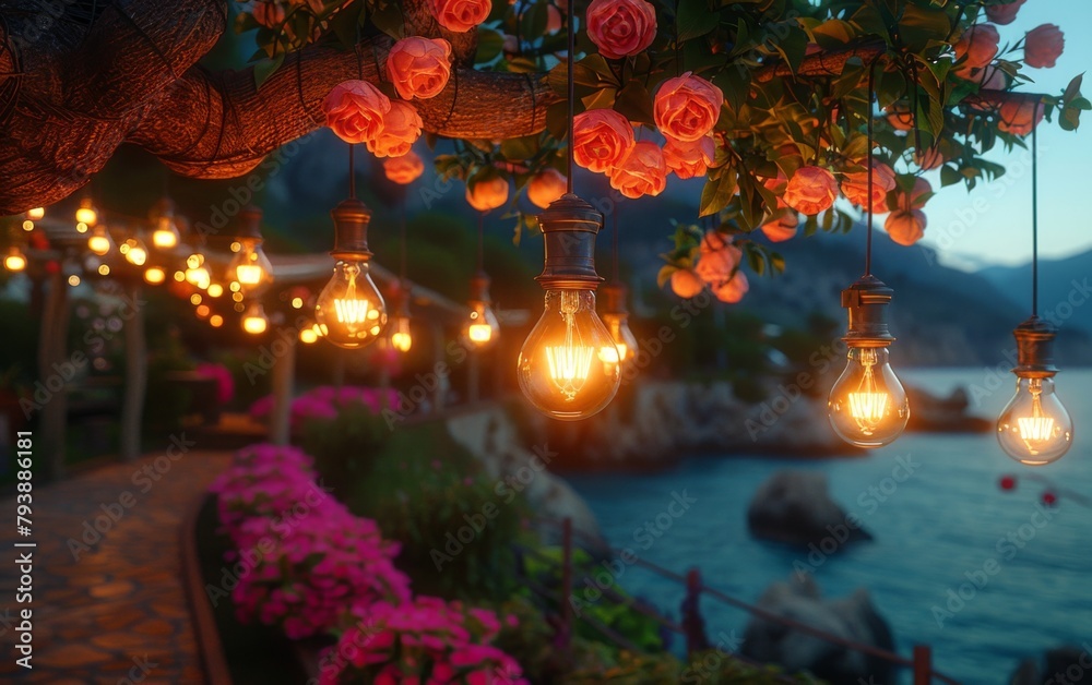 A beautiful scene of a walkway with lights hanging from a tree and a body of water in the background