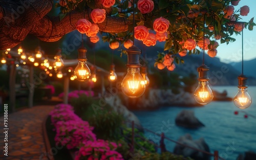 A beautiful scene of a walkway with lights hanging from a tree and a body of water in the background