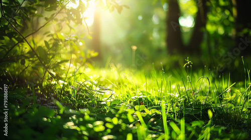 Green grass in the summer forest in the sunlight.  © Cedar