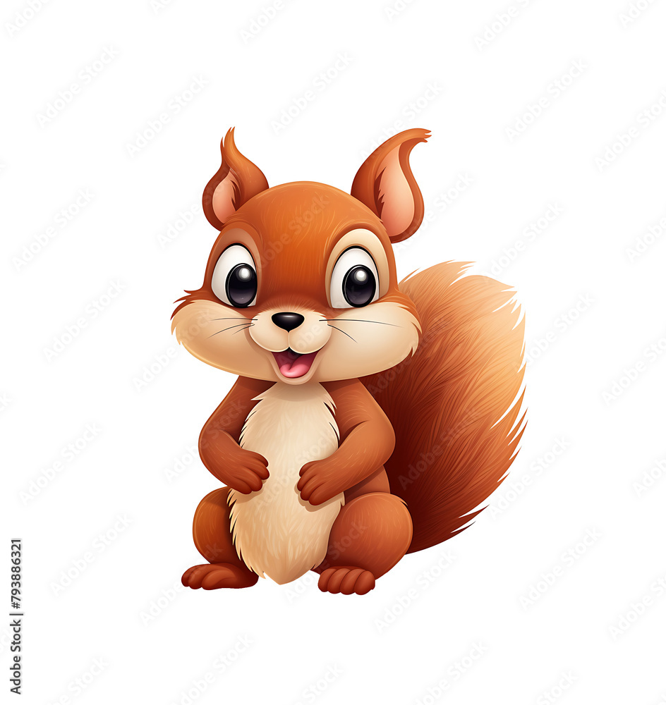 A vibrant cartoon squirrel with a fluffy tail and alert expression, rendered in warm tones. Generative AI