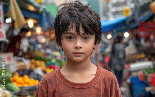 A young boy with brown hair and a red shirt stands in front of a market. He looks at the camera with a serious expression