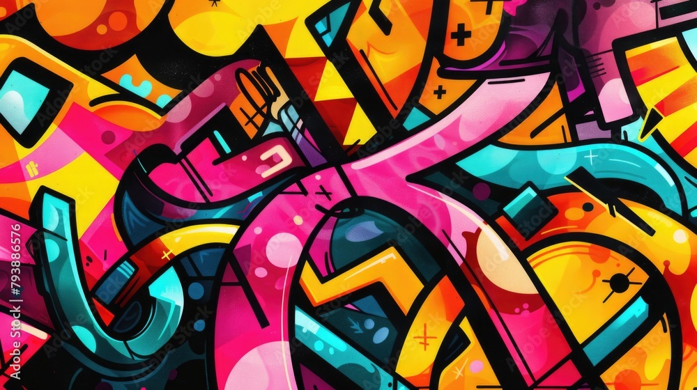 Abstract vibrant graffiti art with colorful swirls and patterns.