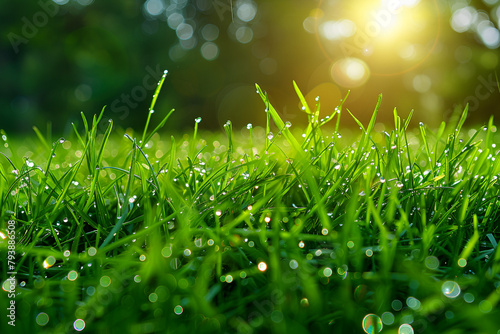 Green Grass with Water Droplets, A close up of a grass covered in water droplets 