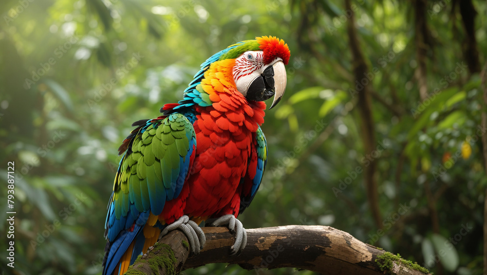 A brightly colored parrot is perched on a branch with green leaves and red and yellow flowers