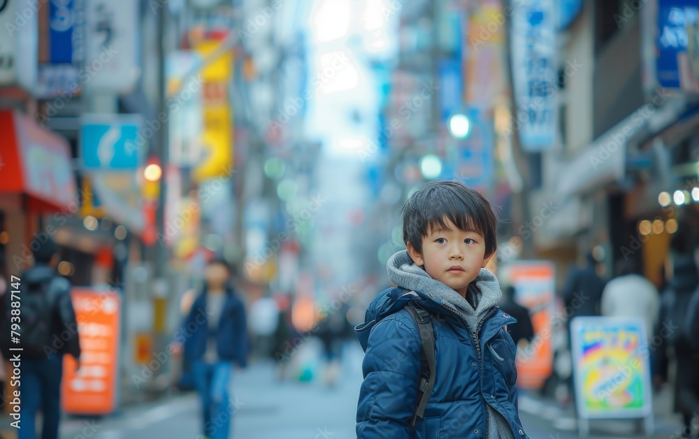 Fototapeta premium A young boy stands on a busy city street, looking up at the sky. The scene is bustling with activity, with several people walking around and carrying backpacks. The boy is wearing a blue jacket
