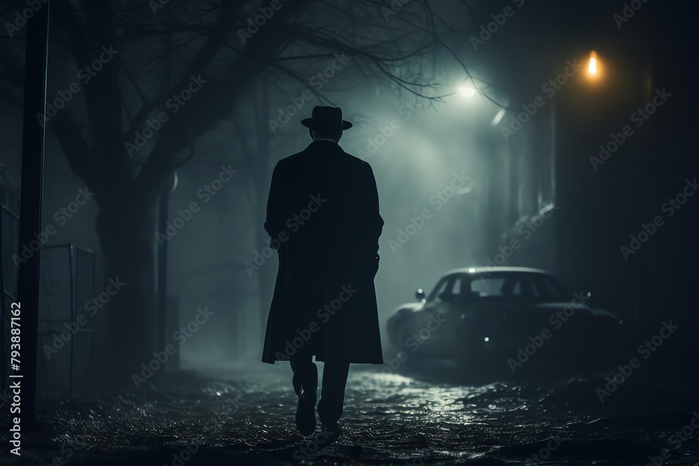 A mysterious man in a dark suit entering a foggy alleyway, vintage street lamps creating a noir atmosphere, concept of secrecy and intrigue