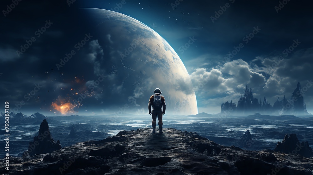Astronaut standing on moon surface, Earth visible in the background, concept of space exploration and travel, dramatic lighting