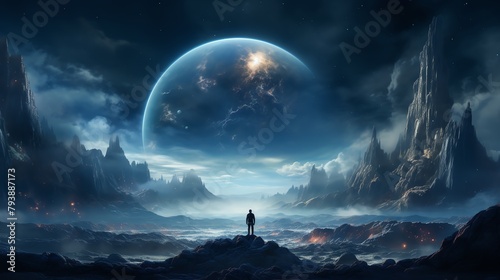 Astronaut standing on moon surface, Earth visible in the background, concept of space exploration and travel, dramatic lighting