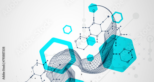 Scientific and technological background. Wireframe wave with hexagons of different types on a gray gradient.