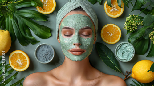 Woman With Towel on Head Surrounded by Oranges and Green Leaves