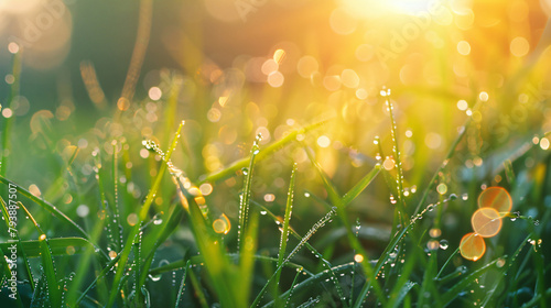 Green grass with morning dew at sunrise. Macro image 