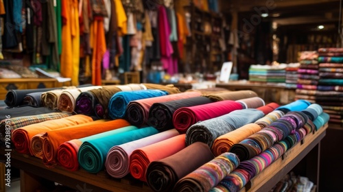 Various colored fabrics spread out on a table, creating a vibrant and diverse display