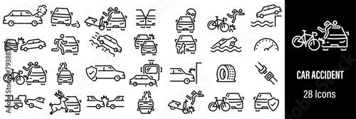 Car Accident Web Icons. Broken Car, Side Collision, Insurance, Road Obstacles, Vehicle. Vector in Line Style Icons