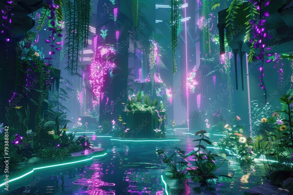 Obraz premium a fantasy fantasy garden with neon lights and plants