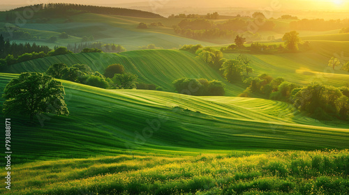 Green hills with trees and fresh green grass at sunset