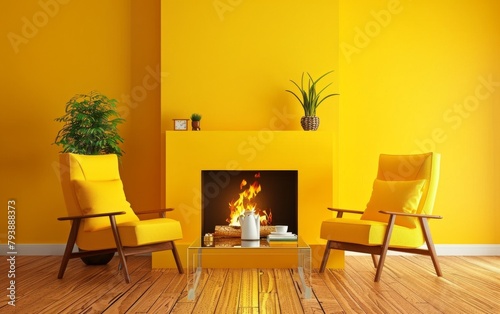 A yellow room with a fireplace and two yellow chairs. The room has a warm and inviting atmosphere