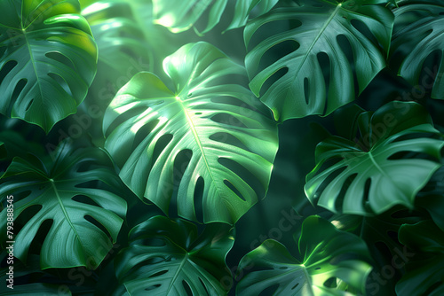 Close-up of lush monstera plant with abundant leaves in sunlight 8k wallpaper background