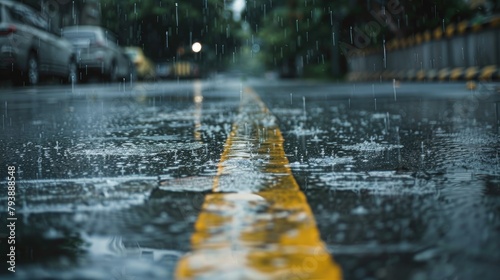 Wet concrete street during rainfall photo