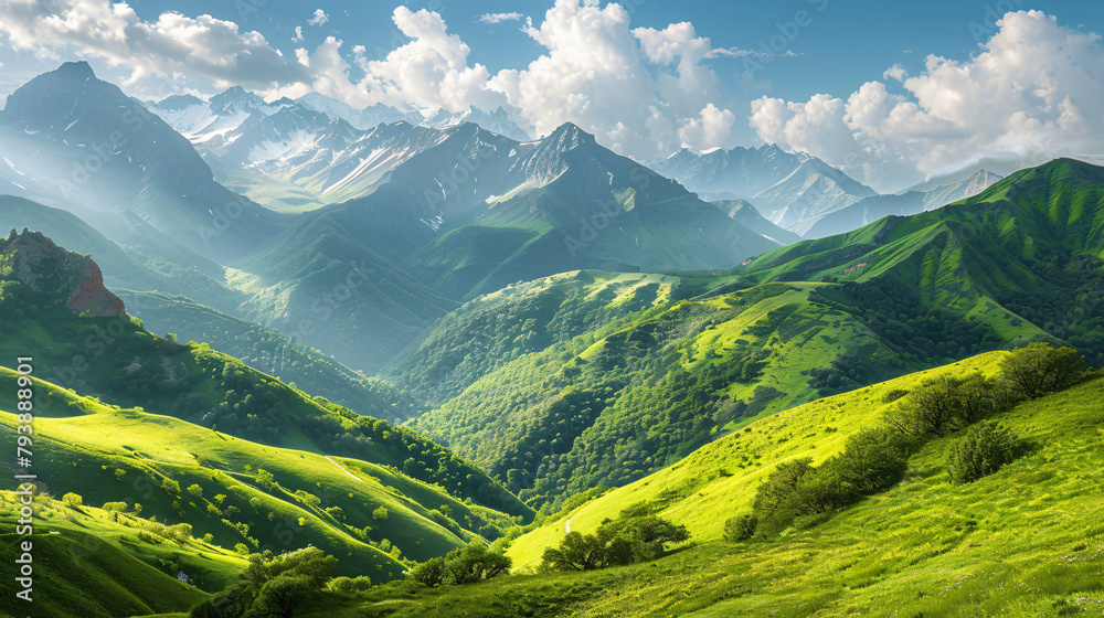 Green mountains of Gil-Su valley in North Caucasus Rus