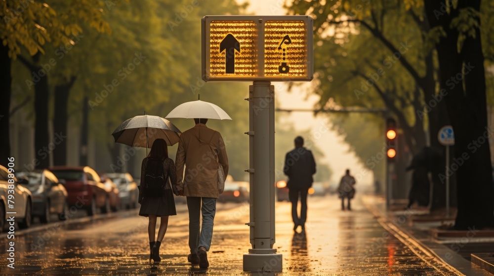 A pair of individuals, holding umbrellas, walk leisurely down a city street on a rainy day