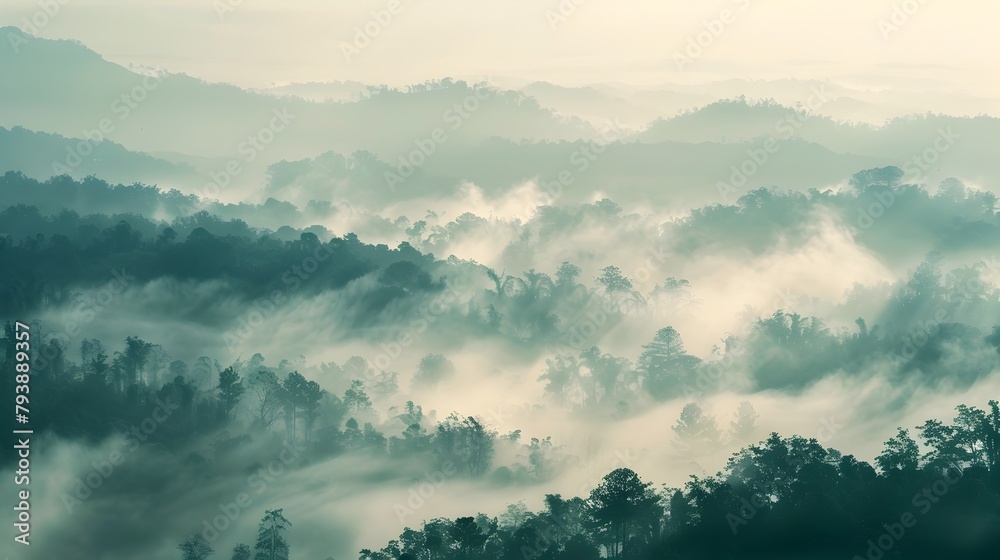 Ethereal Mist Cloaked Landscape Serene Layers of Haze Shroud a Verdant Mountain Panorama in Soothing Tones Ethereal Mist Cloaked Landscape Serene Layers of Haze Shroud a Verdant Mountain Panorama in Soothing Tones