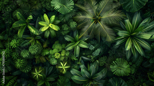 Green trees in a tropical summer forest. Aerial