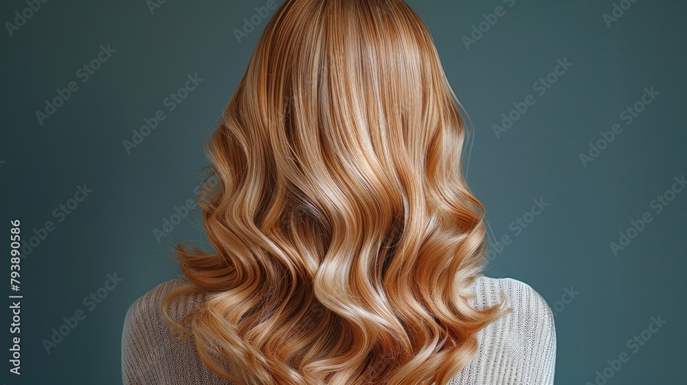 trendy women's hair styling blonde large curls. peach fuzz color, girl in profile with professional hair styling, back view trendy women's hair styling blonde large curls. peach fuzz color, girl in profile with professional hair styling, back view