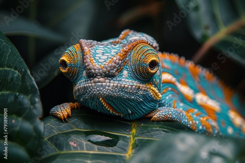 Chameleon: Blending into foliage with its ability to change color, symbolizing camouflage. © Nico