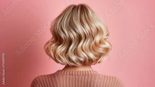 trendy women's hair styling blonde large curls. peach fuzz color, girl in profile with professional hair styling, back view